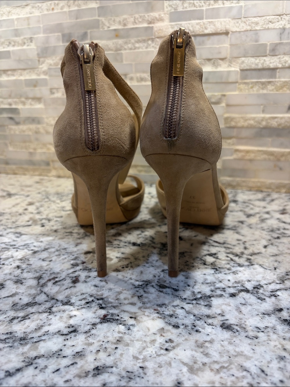 Jimmy Choo Taupe Suede T-Strap Peep-Toe Stiletto - Picture 4 of 4
